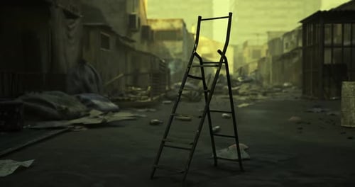 Ladder Stands Alone in Abandoned Urban Street with Debris and Desolation