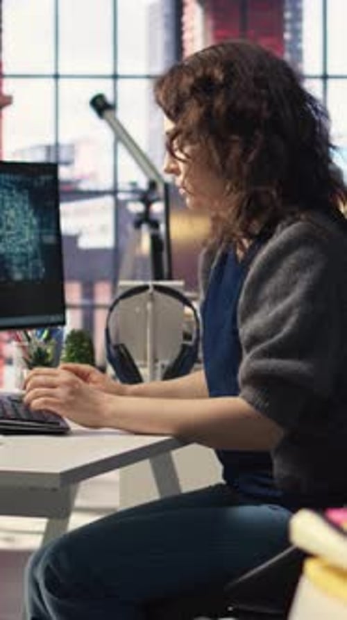 Woman Typing on Computer in Bright Modern Office