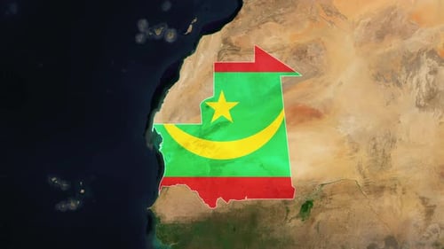 World Map Zoom to Mauritania Country Outline with Flag Reveal