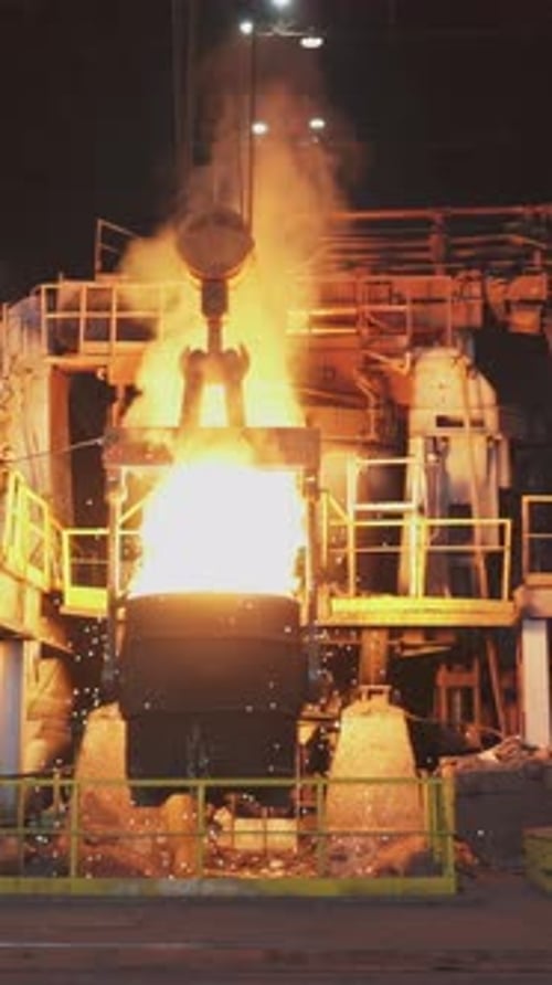 Molten Metal Pouring in Steel Plant at Night Stock Clip