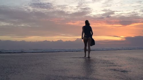 Sexy Woman Walking In Sea During Sunset, Super Slow Motion 240fps