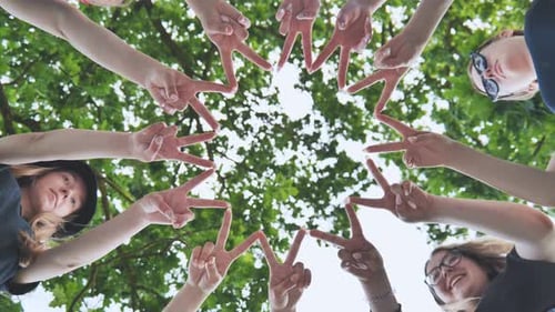 Girlfriends Join Fingers in a Circle Against the Background of Tree Branches
