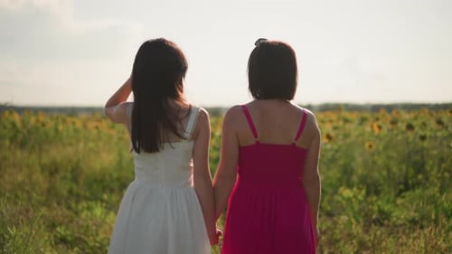 Women Holding Hands Two Women Strolling Through Field at Sunset with Friends Pair of Women Sharing
