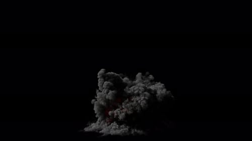 Big explosion with smoke, high angle view, on transparent background