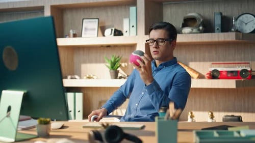 Pensive Freelancer Thinking Workplace Closeup Relaxed Business Man Tossing Ball