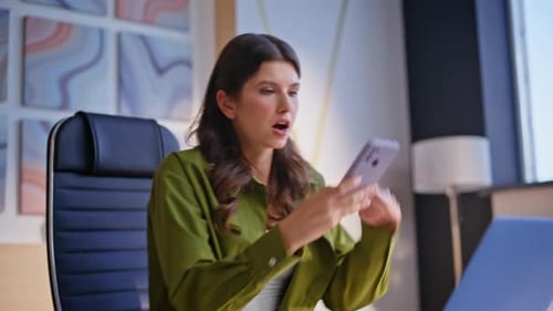 Emotional Businesswoman Yelling Phone Dissatisfied Conflict at Office Closeup