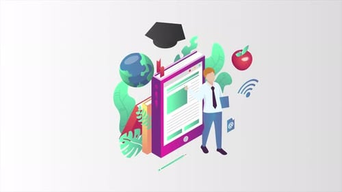 Animated Isometric Online Education Concept with Books and Smartphone