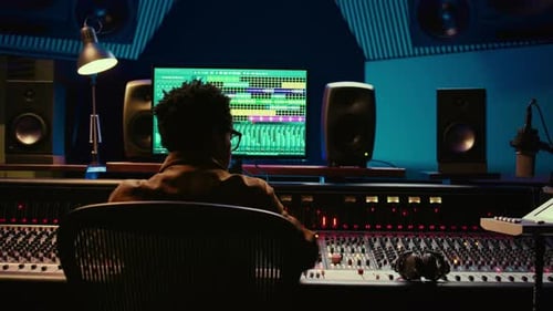 Music Production in Recording Studio with Mixing Board
