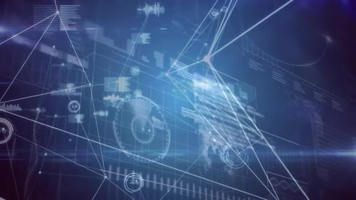 Network of connections against digital interface with data processing on blue background