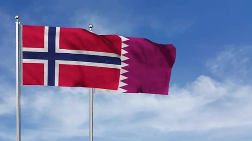 Flags of Norway and Qatar Waving in Blue Sky