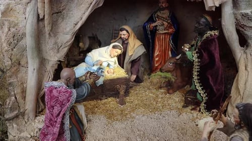 Christmas Nativity Scene with Figures in Manger