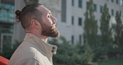 Man With Beard and Hair Bun Looking Up