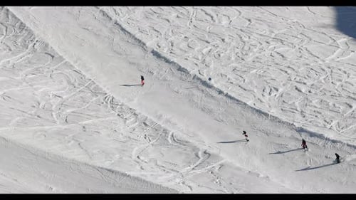 A Snowboarder and Skier are Riding Together on a Mountain Slope on a Ski Resort's Mountainside