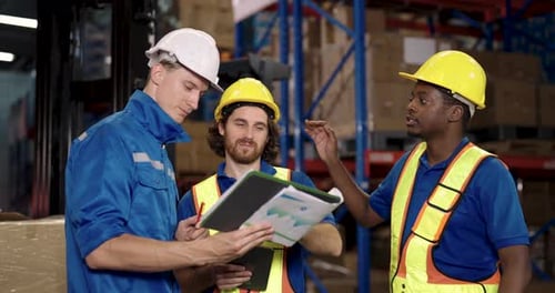 Warehouse supervisor coordinating cargo inspection with african american staff and caucasian