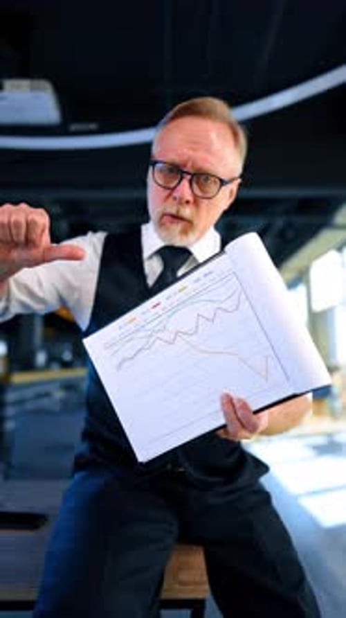 Businessman demonstrates the charts turning