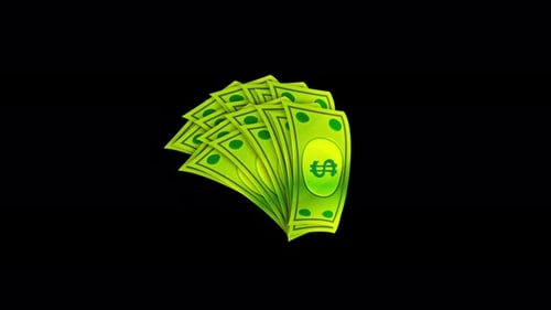 Dinheiro em dinheiro, moeda financeira, riqueza, renda, pagamento, notas de dólar, fundos financeiros de investimento, Animação