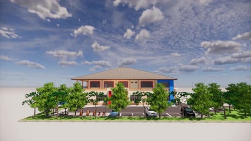 3D Render of Commercial Building Exterior with Landscaping and Parking