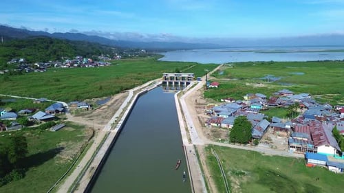 Aerial View of Canal Landscape with Dam
