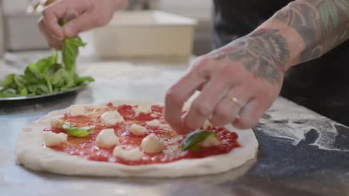 Adult Preparing a Pizza with Basil and Mozzarella