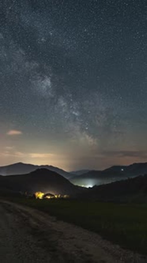Vertical Panorama Starry Night Sky with Milky Way Galaxy Stars Countryside Landscape