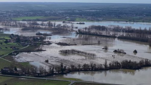 Aerial view of flooded fields and trees, Sainte-Croix-du-Mont, France.