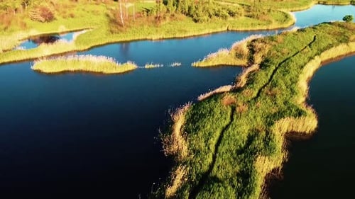 Experience the Serenity of Aerial Views of Green Land and Small River Landscape 4K