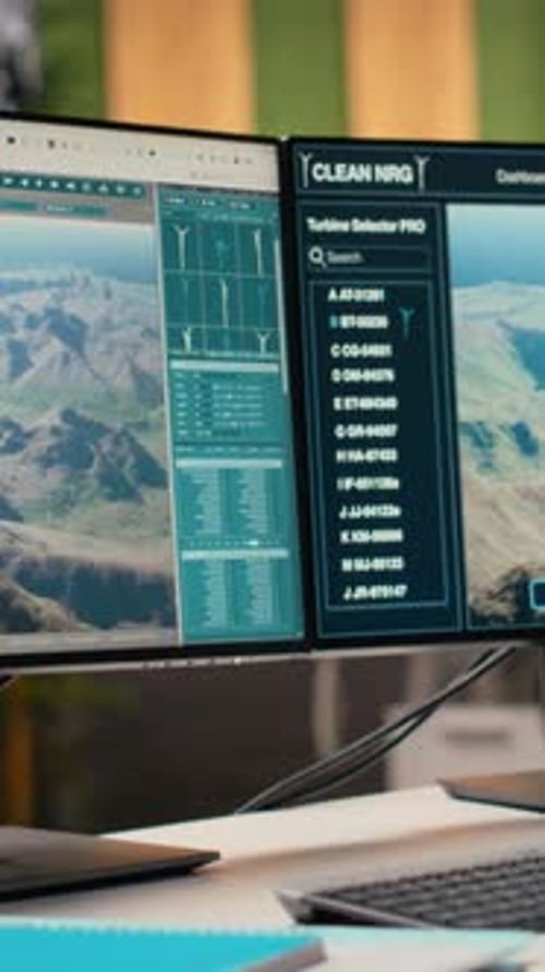 Simulation d'un prototype de moulin à vent futuriste sur des écrans PC dans RD Office