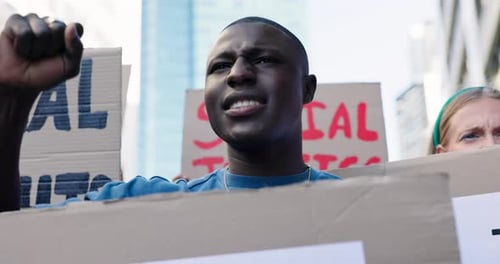 People, diversity and protest with billboards in city for human rights or justice together