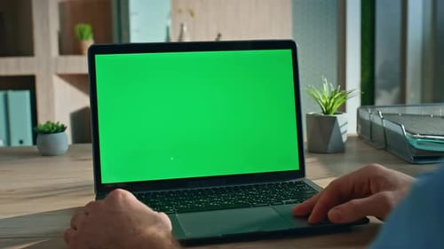 Entrepreneur Browsing Mockup Laptop at Workplace Close Up Unrecognizable Man