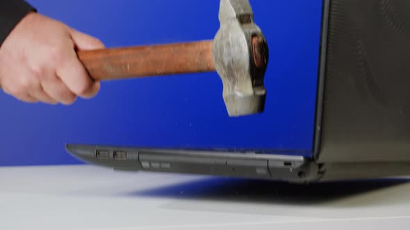 Aggressive Man Breaking Laptop with Hammer Computer Failure Error ...