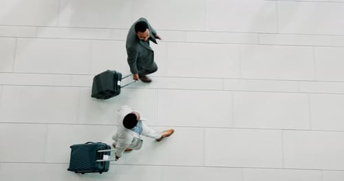 Top view, luggage and business men at airport for travel, corporate trip and international journey