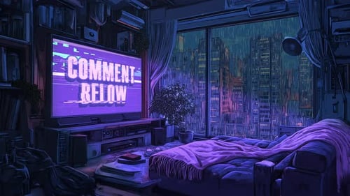 Lo-Fi-Cyberpunk-Stream-Bildschirm „Kommentar unten“ — Loopable Animation