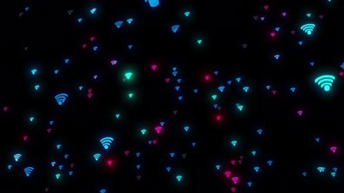 Glowing Neon Wi-Fi Symbols Looping Technology Background