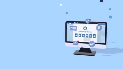 Animação 3D de verificação em duas etapas com OTP para contas seguras e segurança online.