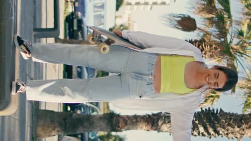 Relaxed Teenager Stepping Bench Enjoying Youth at City Vertical Woman Walking