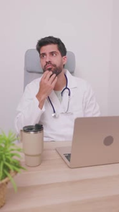 vertical Thoughtful young doctor thinking about a diagnosis