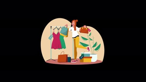 Eine fröhliche Frau beim Einkaufen mit Taschen und Kleidung in einer stilvollen Umgebung