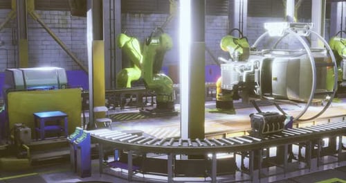 Robôs montando máquinas avançadas em uma fábrica de alta tecnologia