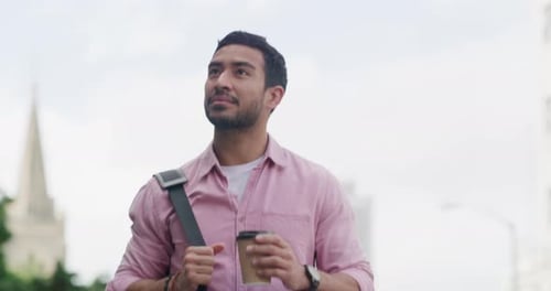 Walking, outdoor and man with coffee, thinking and travel to work in city