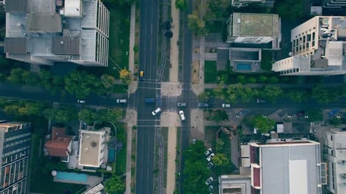 Overhead aerial view of a crossroads, cars moving along the track. Street with trees and paved with