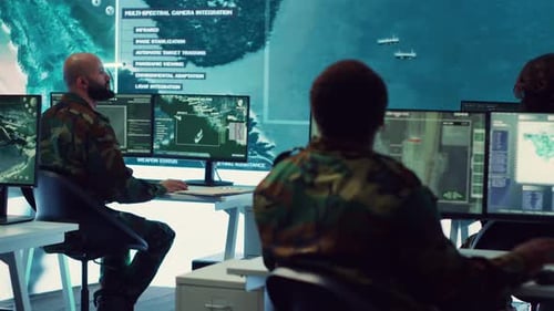 Group of Soldiers Managing Air and Sea Traffic Control for Military Operations