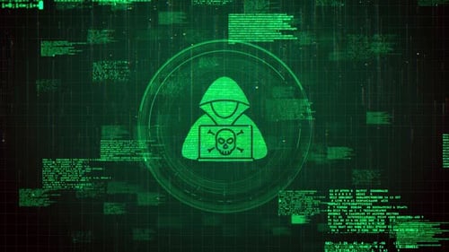 Futuristic Anonymous Hacker Icon Over Green Hacking Glitch Animation Background - HD