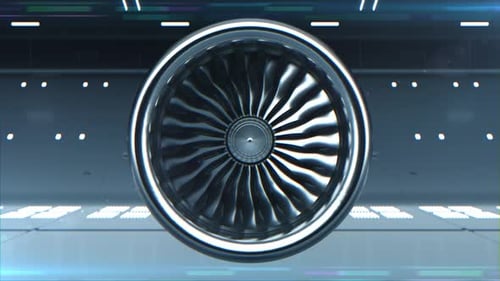 Animación 3D de cerca de la digitalización, turbina, motor a reacción o avión futurista