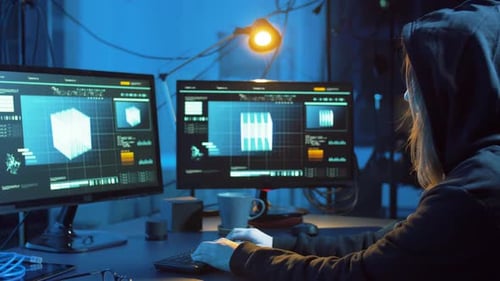 Female hacker in dark room creates cyber attack code for internet crime