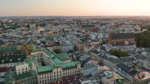 Amazing Establishing Shot of Krakow's Old Town during Colourful Orange Sunrise