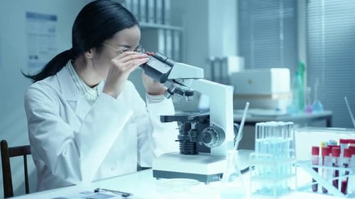 Female Scientist Works with Microscope in Laboratory