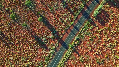 Aerial view of desert and road, Australia.