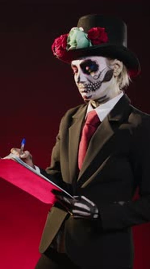 Vertical Video Creepy Horror Woman Taking Notes on Clipboard Papers