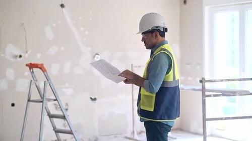 Construction Worker Inspects Building Plans on Construction Site