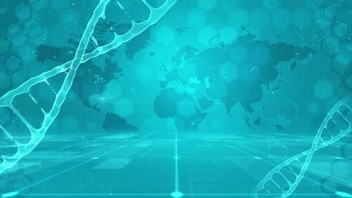 Animated DNA Strands and World Map Digital Science Background